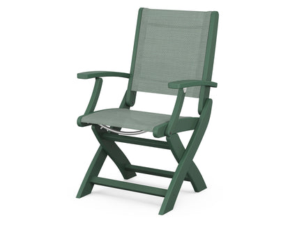 POLYWOOD Coastal Folding Chair in Green with Green arms and Dupioni Sea Mist sling