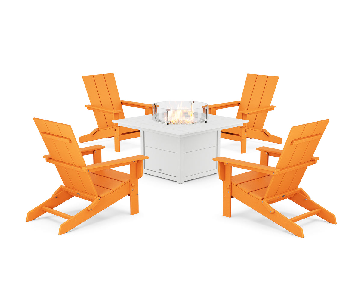 POLYWOOD 5-Piece Modern Studio Folding Adirondack Conversation Set with Fire Pit Table in Tangerine / White