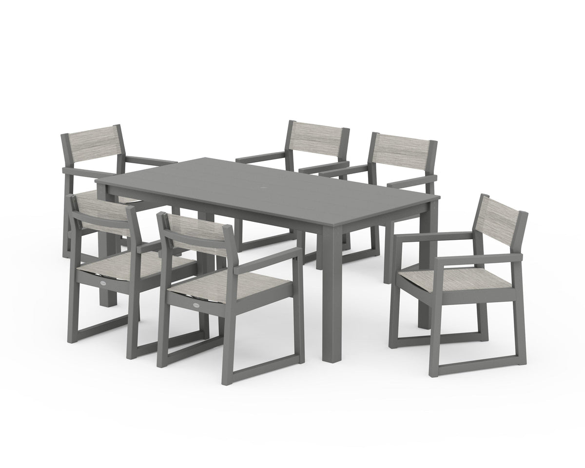 POLYWOOD EDGE Sling Arm Chair 7-Piece Parsons Dining Set in Slate Grey / Birch