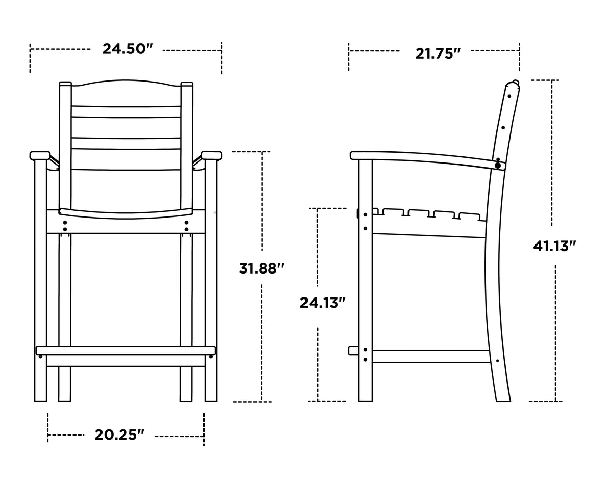 POLYWOOD La Casa Café Counter Arm Chair dimension drawing with width, depth and height measurements