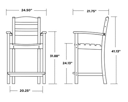 POLYWOOD La Casa Café Counter Arm Chair dimension drawing with width, depth and height measurements