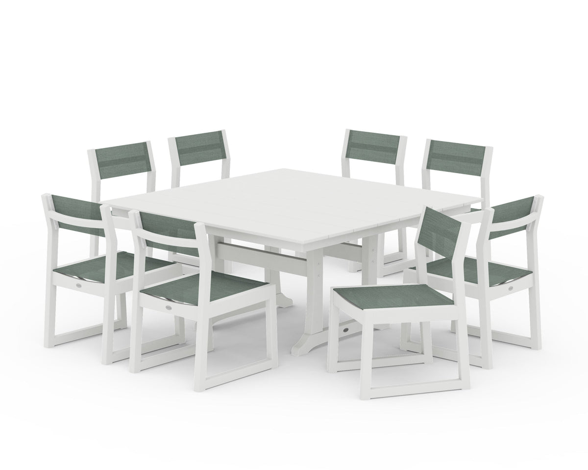 POLYWOOD EDGE Sling Side Chair 9-Piece Farmhouse Trestle Dining Set in Vintage White / Dupioni Sea Mist