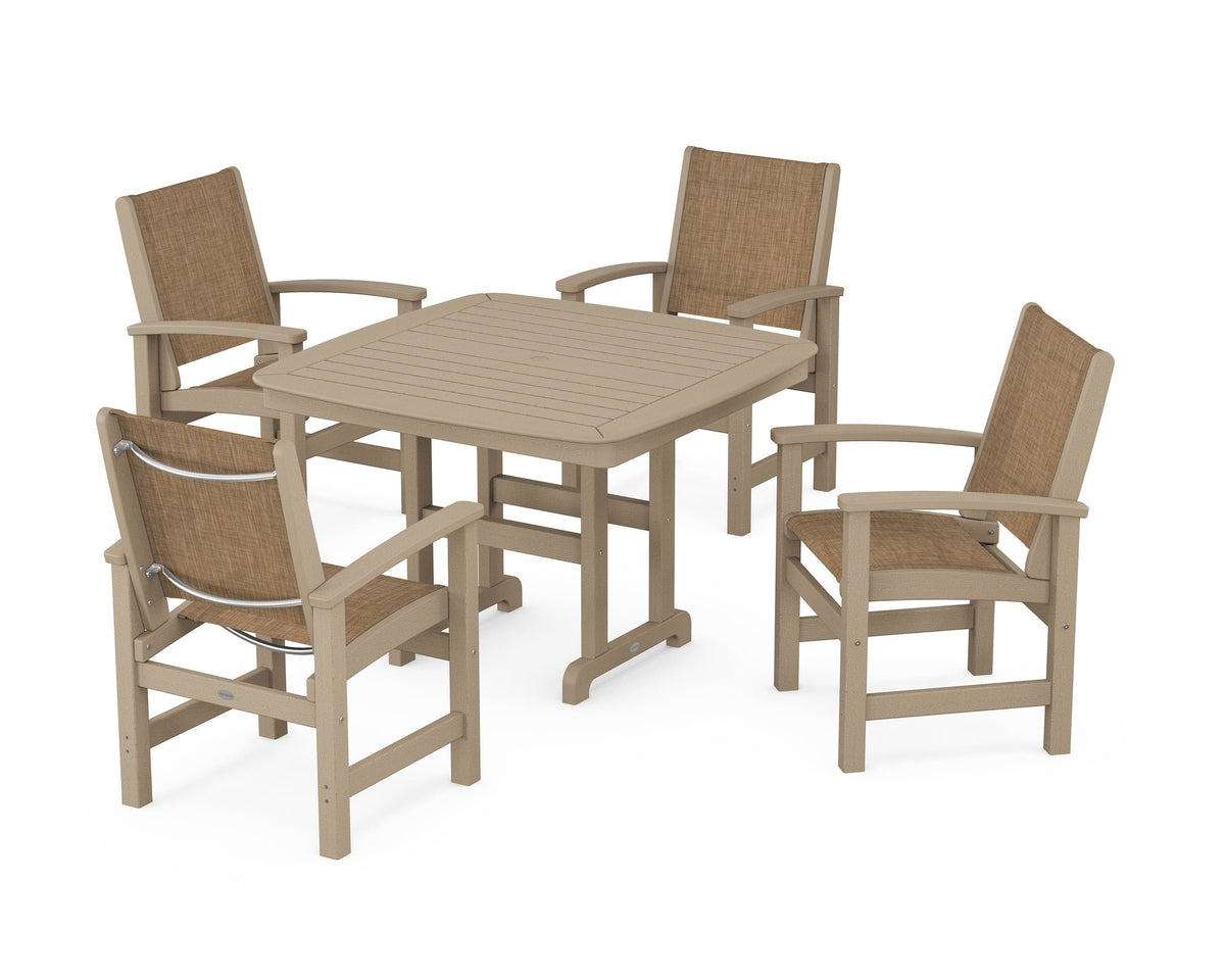 POLYWOOD Coastal 5-Piece Dining Set with Nautical 44" Dining Table in Vintage Sahara / Burlap