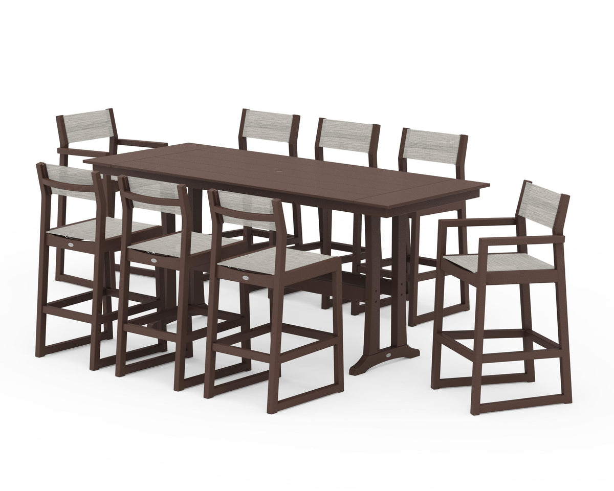 POLYWOOD EDGE Sling 9-Piece Farmhouse Bar Set with Trestle Legs in Mahogany / Birch