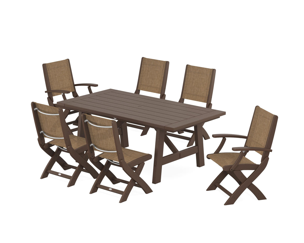 POLYWOOD Coastal Folding Chair 7-Piece Rustic Farmhouse Dining Set in Mahogany / Burlap