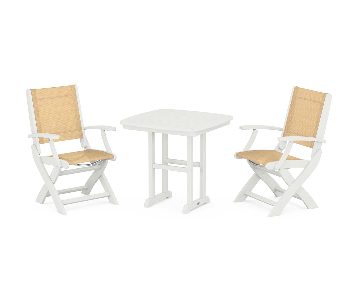 POLYWOOD Coastal Folding Chair 3-Piece Dining Set in Vintage White / Dupioni Apricot