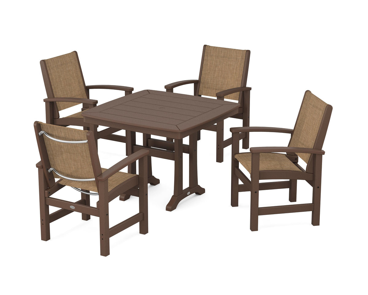 POLYWOOD Coastal 5-Piece Dining Set with Trestle Legs with Nautical Trestle 37" Dining Table in Mahogany / Burlap