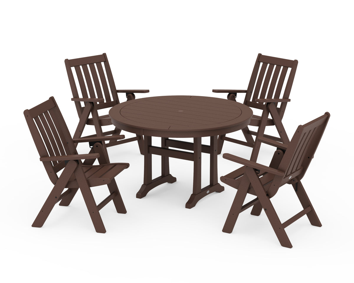 POLYWOOD Vineyard Folding Chair 5-Piece Round Dining Set with Trestle Legs in Mahogany