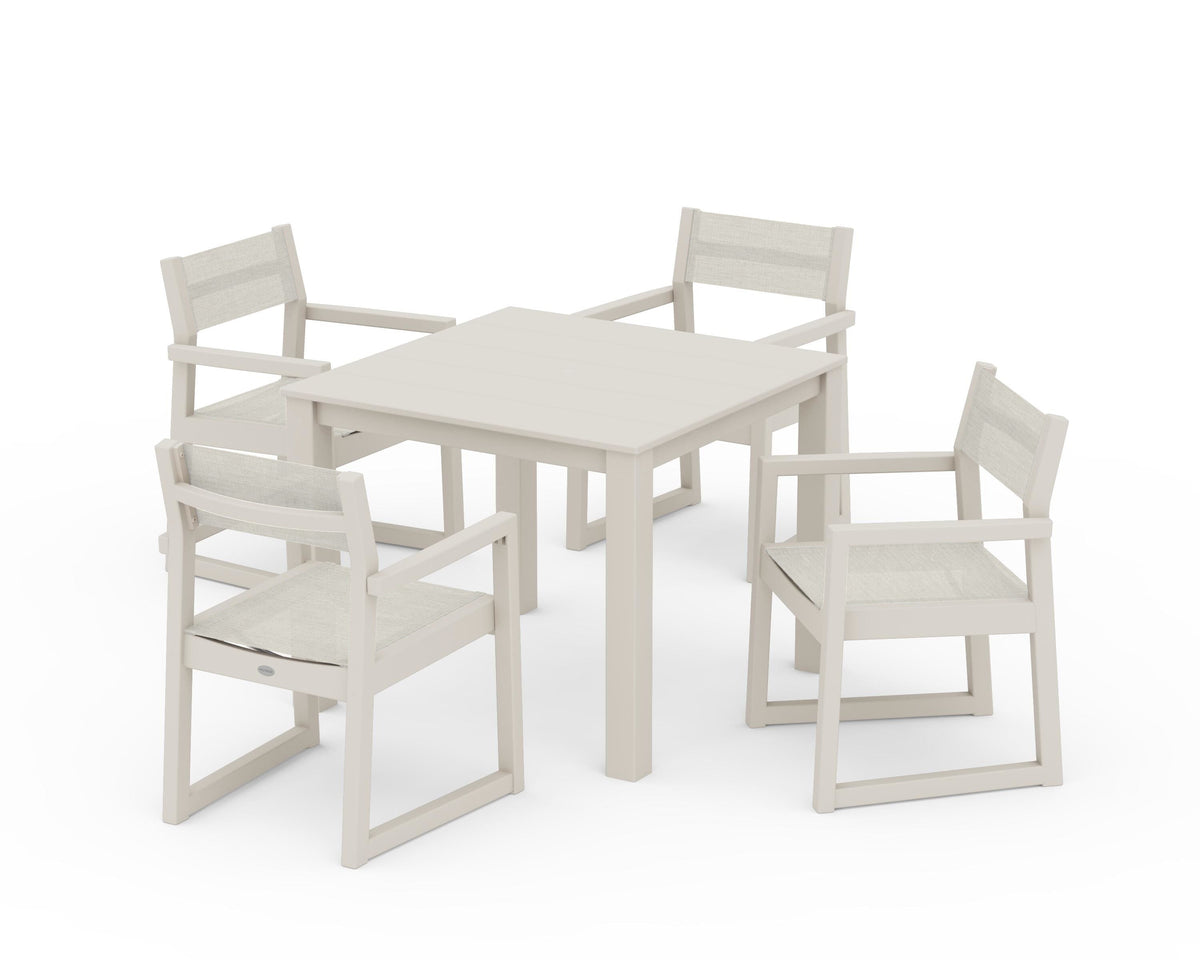 POLYWOOD EDGE Sling Arm Chair 5-Piece Parsons Dining Set in Sand / Parchment