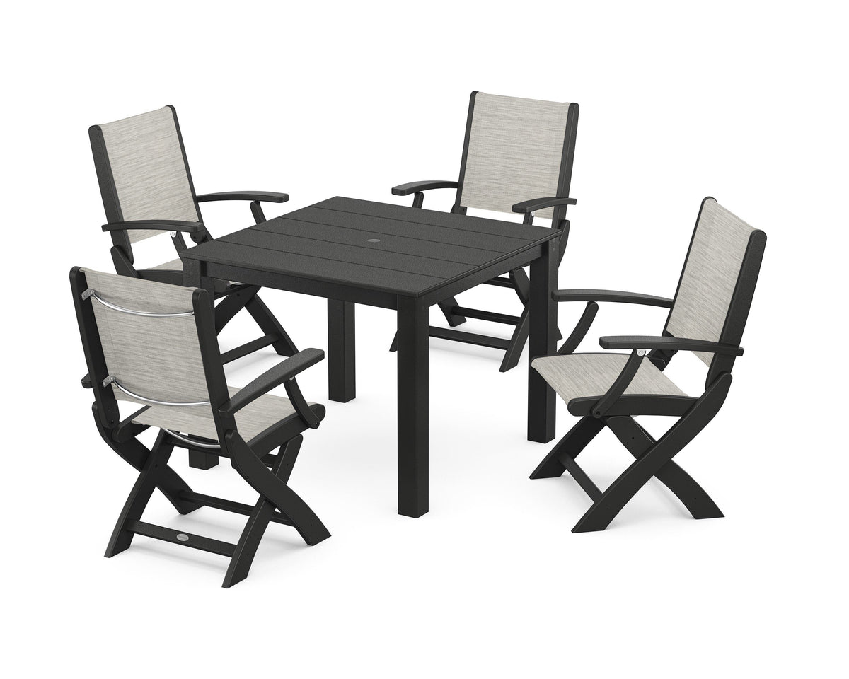 POLYWOOD Coastal Folding Chair 5-Piece Parsons Dining Set in Black / Birch