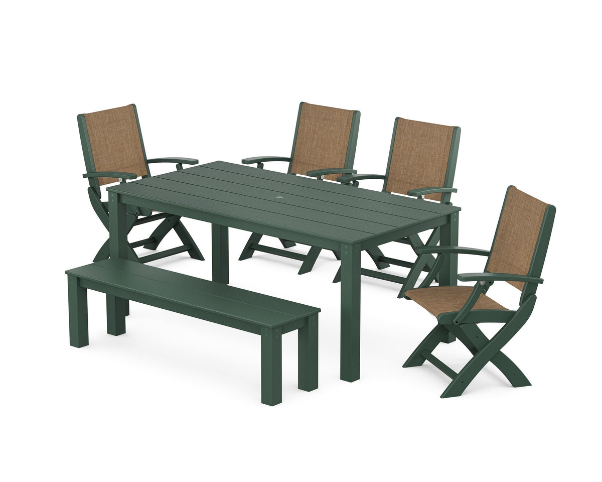 POLYWOOD Coastal Folding Chair 6-Piece Parsons Dining Set with Bench in Green / Burlap
