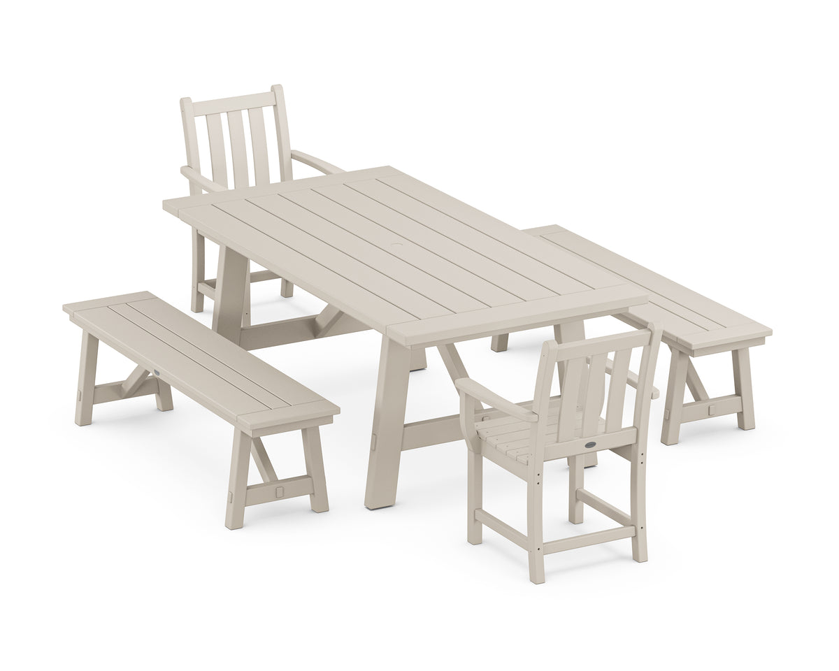 POLYWOOD Traditional Garden 5-Piece Rustic Farmhouse Dining Set with Benches in Sand