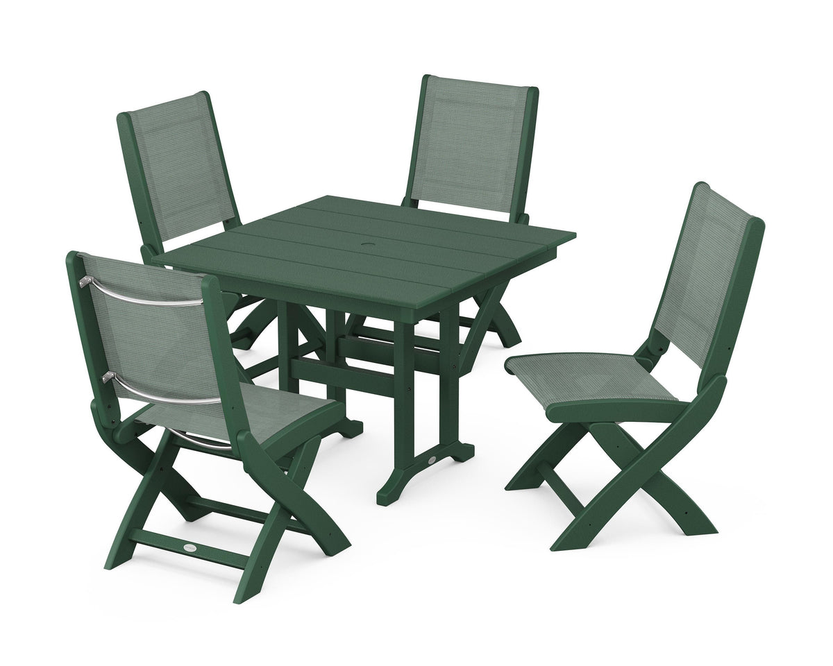 POLYWOOD Coastal Folding Side Chair 5-Piece Farmhouse Dining Set in Green / Dupioni Sea Mist