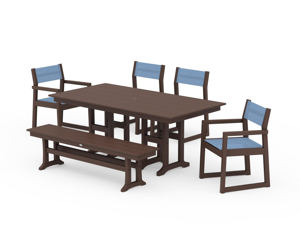 POLYWOOD EDGE Sling 6-Piece Farmhouse Dining Set in Mahogany / Poolside