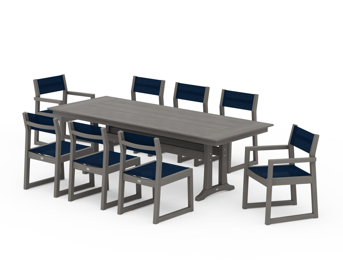 POLYWOOD EDGE Sling 9-Piece Farmhouse Trestle Dining Set in Driftwood / Navy Blue