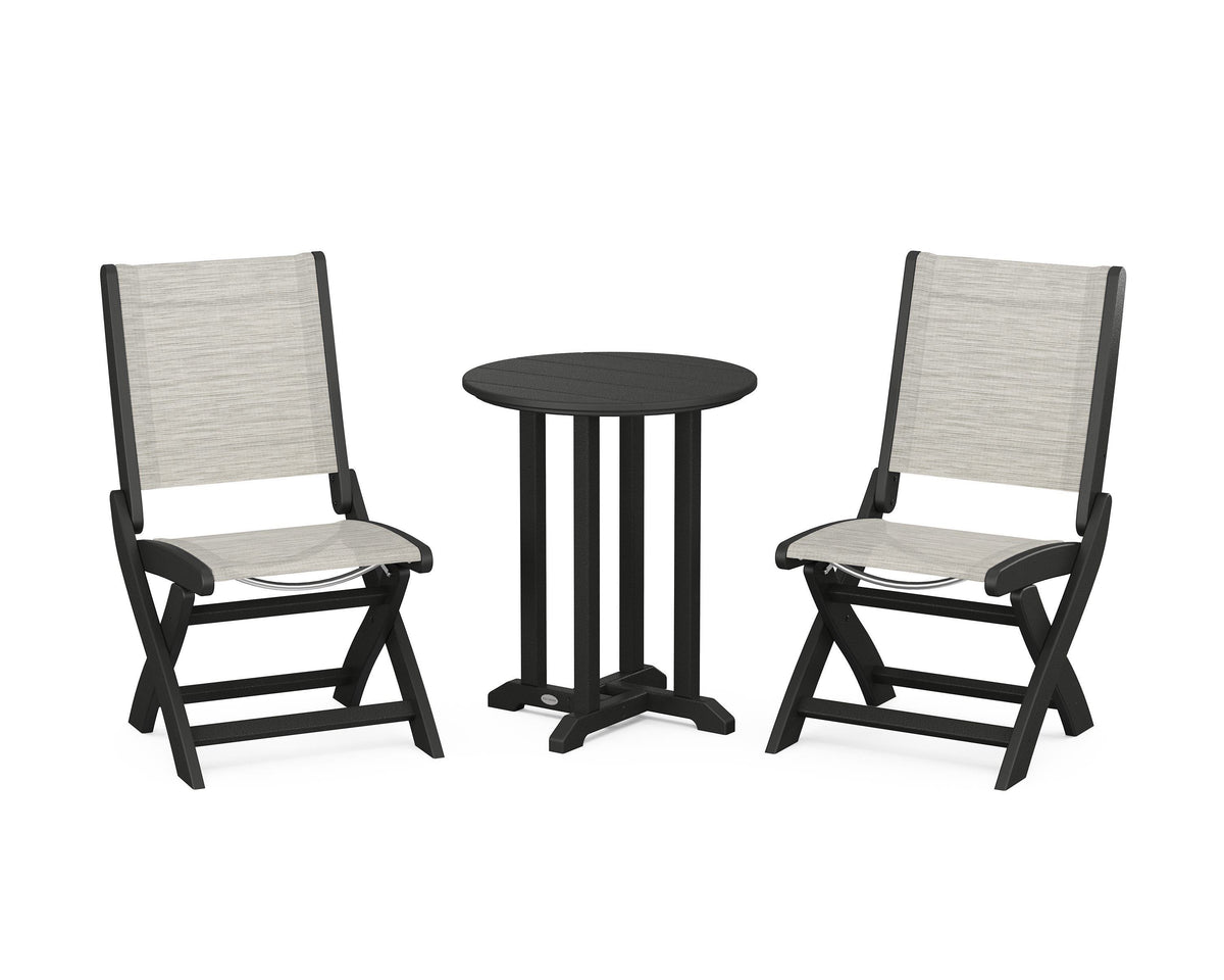 POLYWOOD Coastal Folding Side Chair 3-Piece Round Bistro Dining Set in Black / Birch
