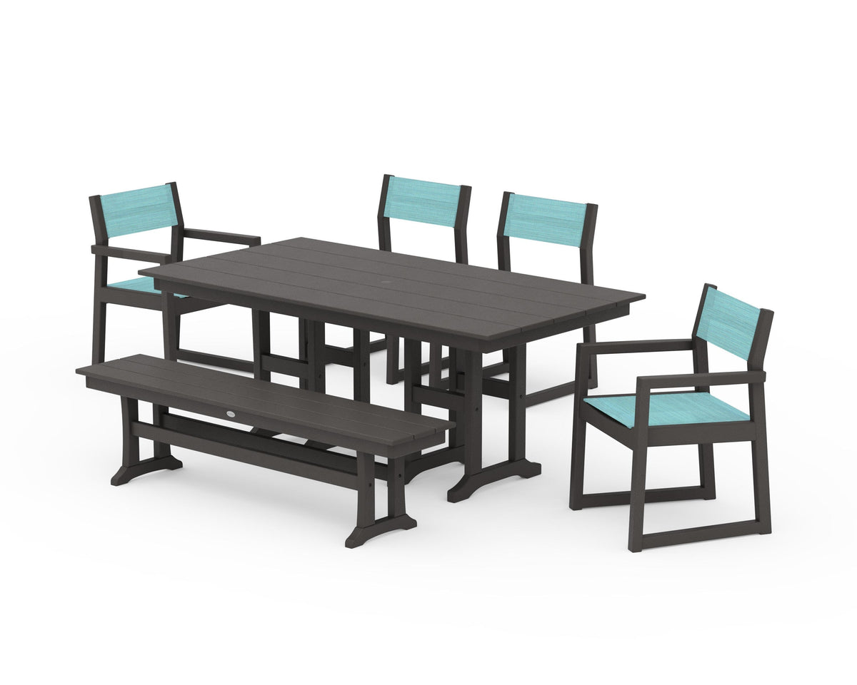 POLYWOOD EDGE Sling 6-Piece Farmhouse Dining Set in Vintage Coffee / Dupioni Aquamarine