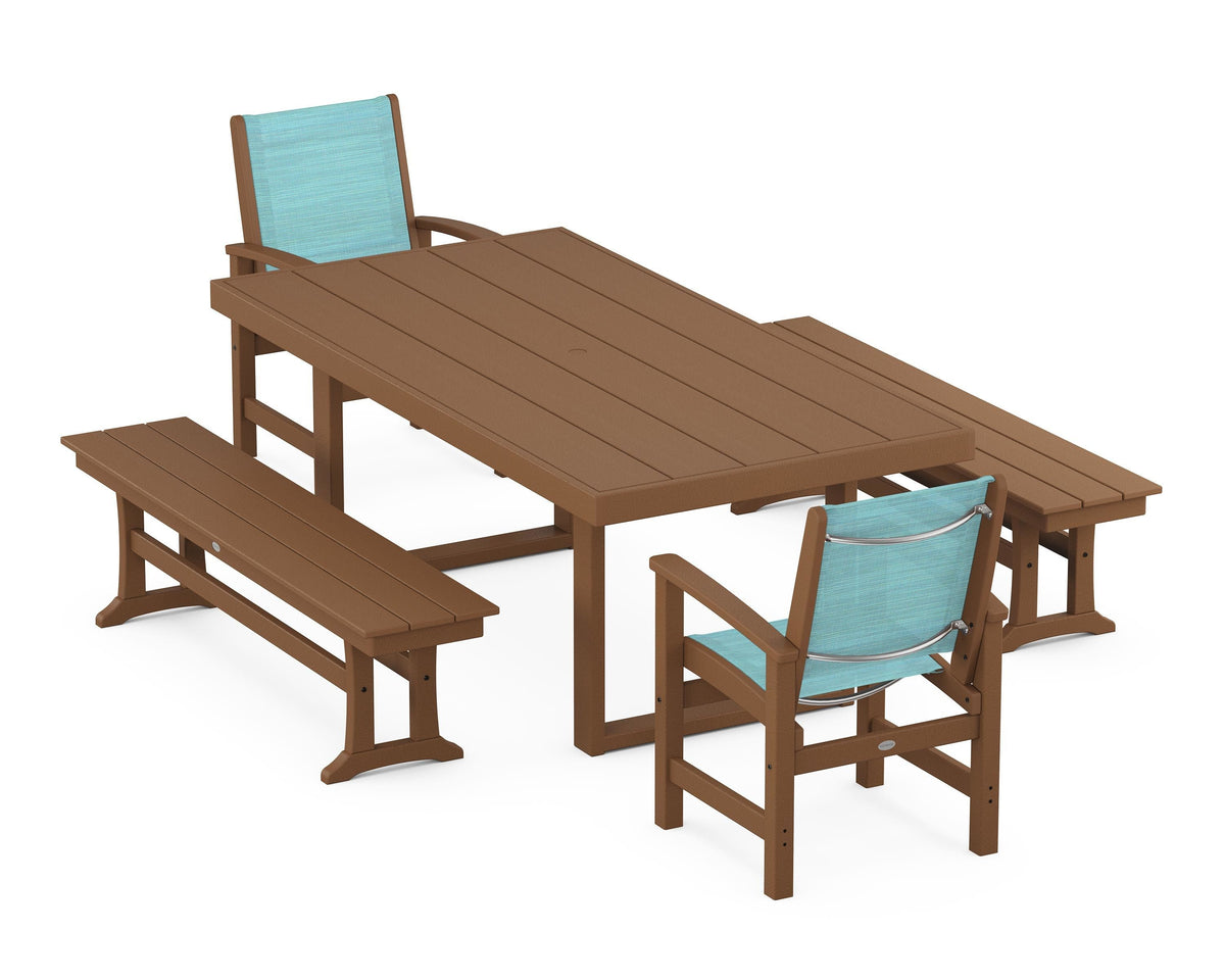 POLYWOOD Coastal 5-Piece Dining Set with Trestle Legs with EDGE 40" x 78" Dining Table in Teak / Dupioni Aquamarine