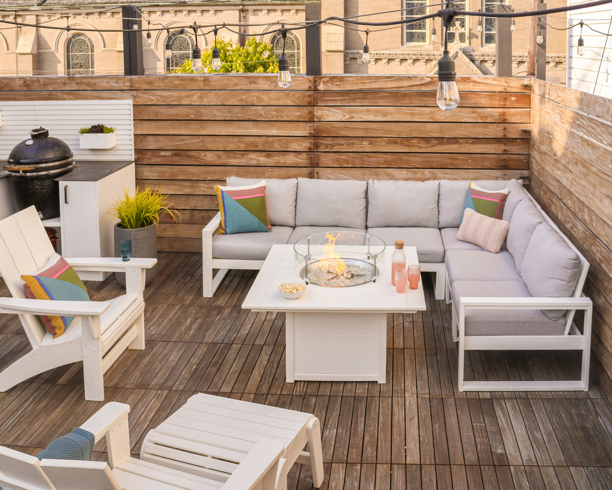 Lifestyle photo of the POLYWOOD Square 42" Fire Pit Table in White