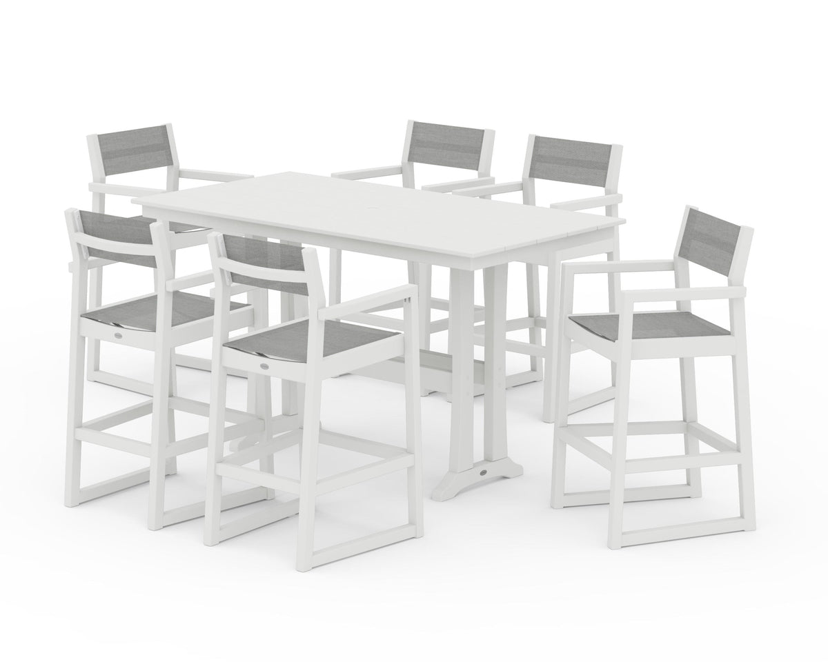 POLYWOOD EDGE Sling Arm Chair 7-Piece Farmhouse Bar Set with Trestle Legs in Vintage White / Metallic