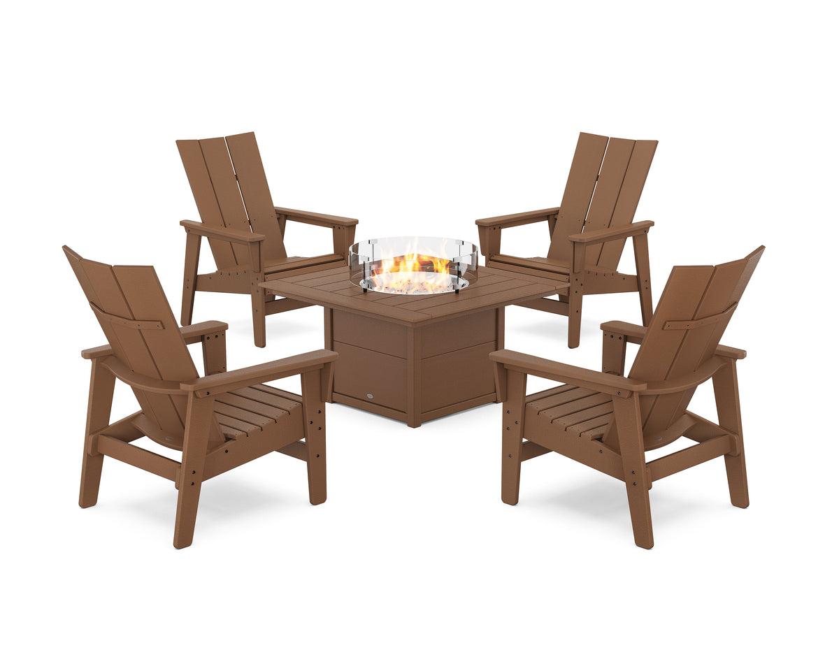 POLYWOOD 5-Piece Modern Grand Upright Adirondack Conversation Set with Fire Pit Table in Teak