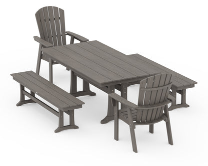 POLYWOOD Nautical Adirondack 5-Piece Farmhouse Dining Set with Trestle Legs - 37" x 72" Table in Driftwood