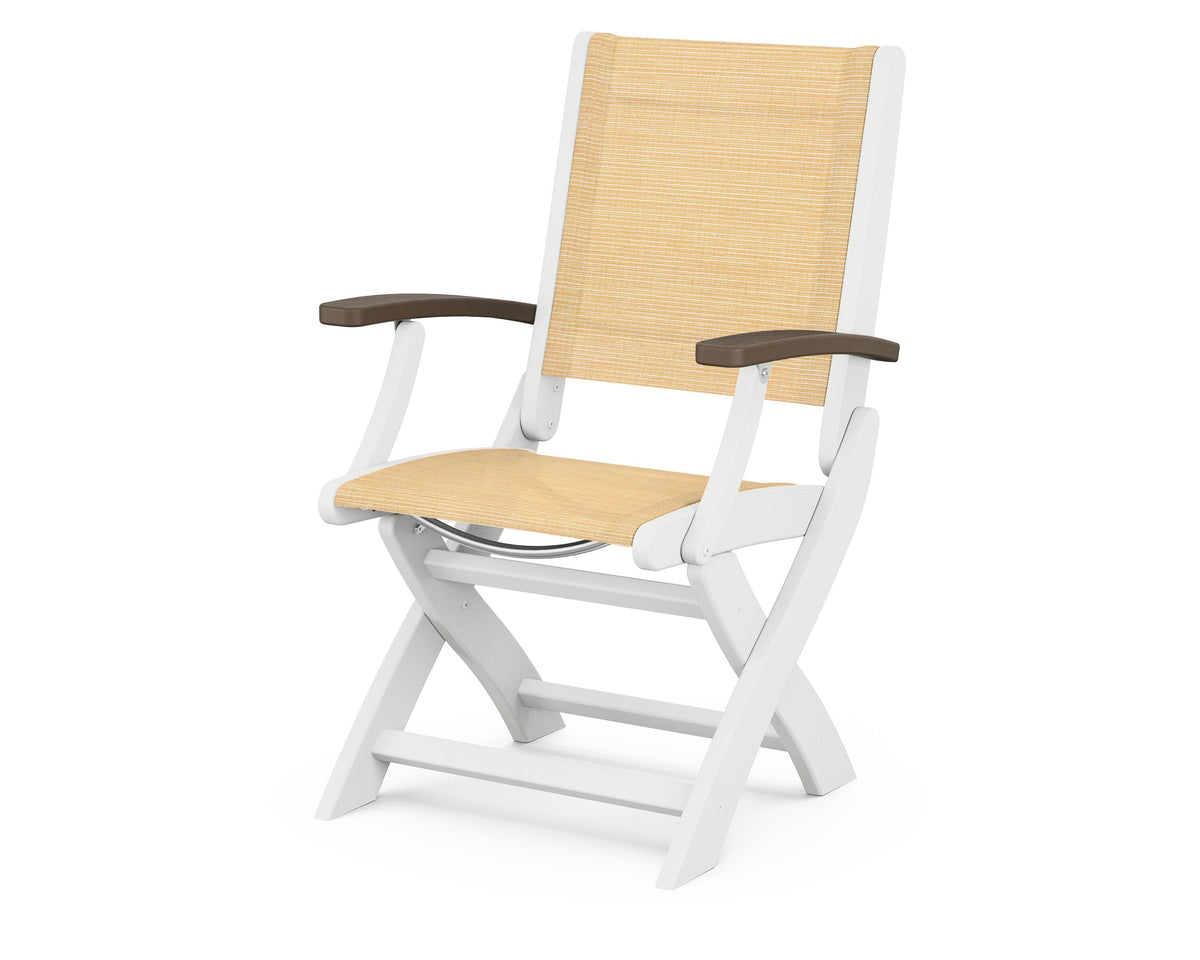 POLYWOOD Coastal Folding Chair in White with Kona arms and Dupioni Apricot sling