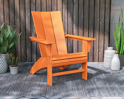 POLYWOOD Modern Curveback Adirondack Chair in Tangerine styled outdoors
