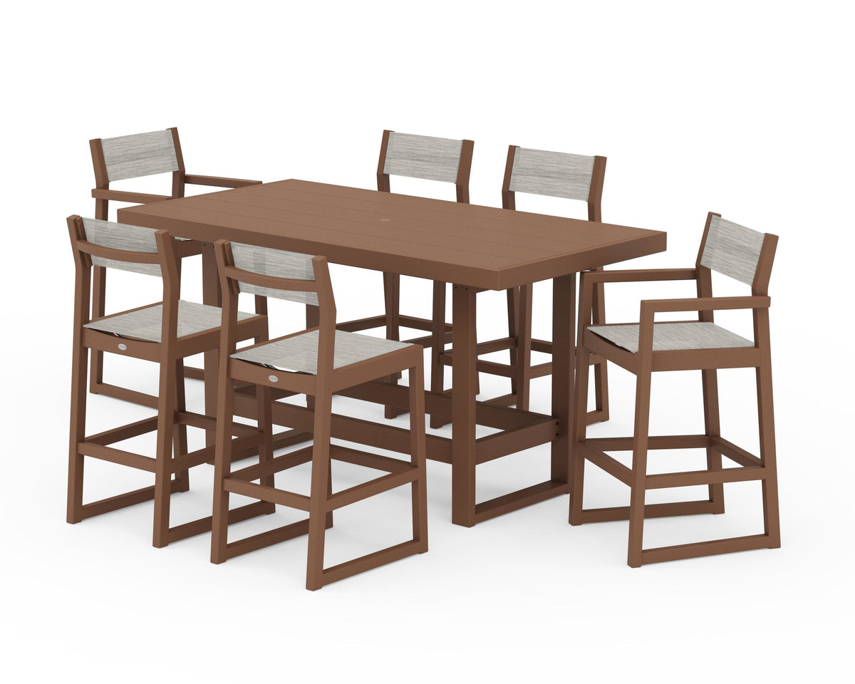 POLYWOOD EDGE Sling 7-Piece Bar Table Set in Teak / Birch