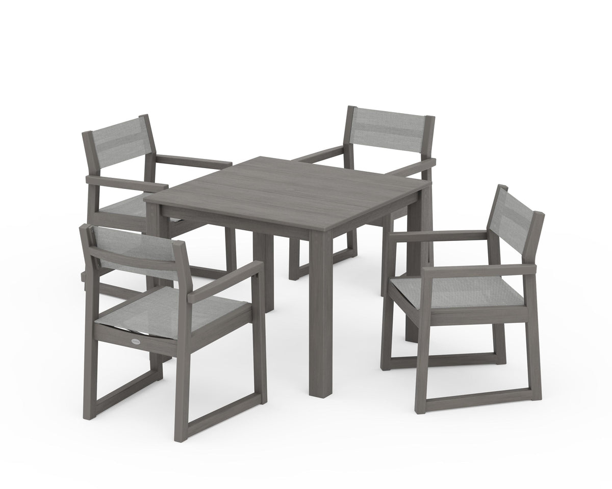 POLYWOOD EDGE Sling Arm Chair 5-Piece Parsons Dining Set in Driftwood / Metallic