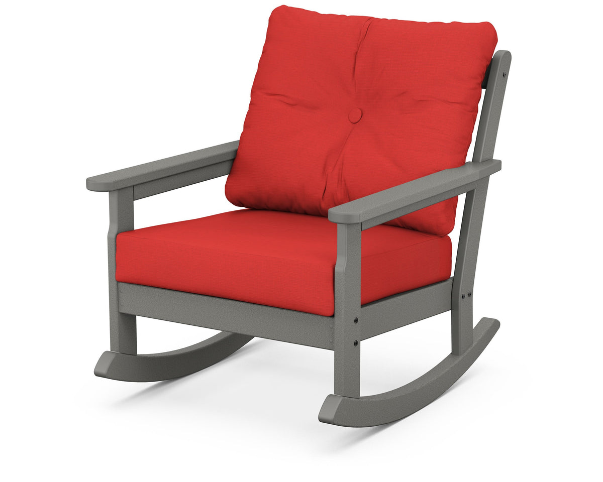 POLYWOOD Vineyard Deep Seating Rocking Chair in Slate Grey / Crimson Linen