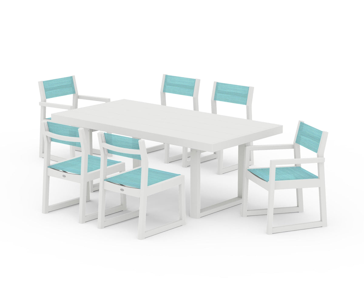 POLYWOOD EDGE Sling 7-Piece Dining Set in Vintage White / Dupioni Aquamarine