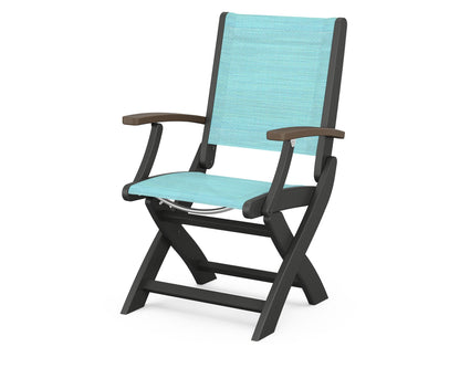 POLYWOOD Coastal Folding Chair in Black with Kona arms and Dupioni Aquamarine sling