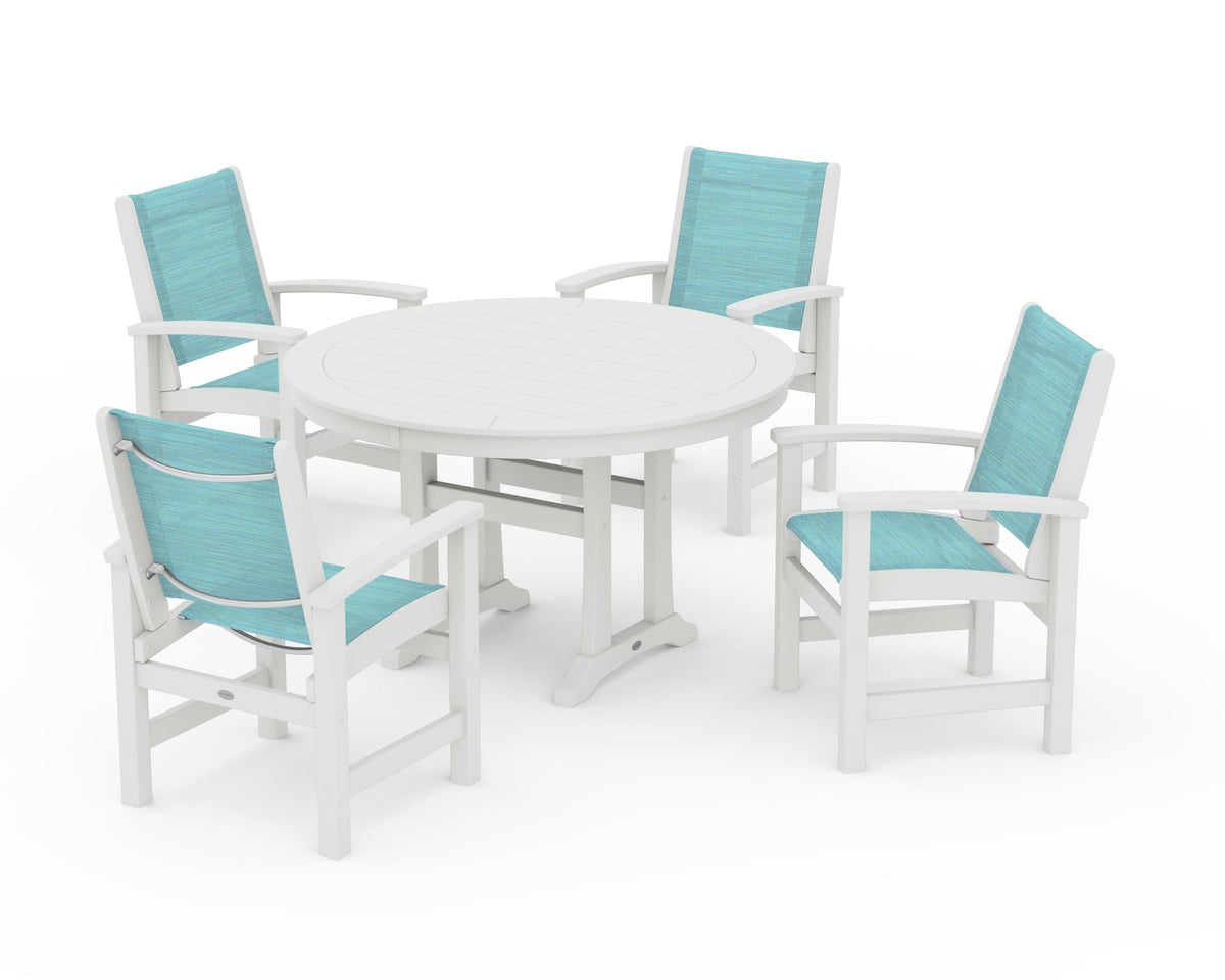 POLYWOOD Coastal 5-Piece Round Dining Set with Trestle Legs in Vintage White / Dupioni Aquamarine