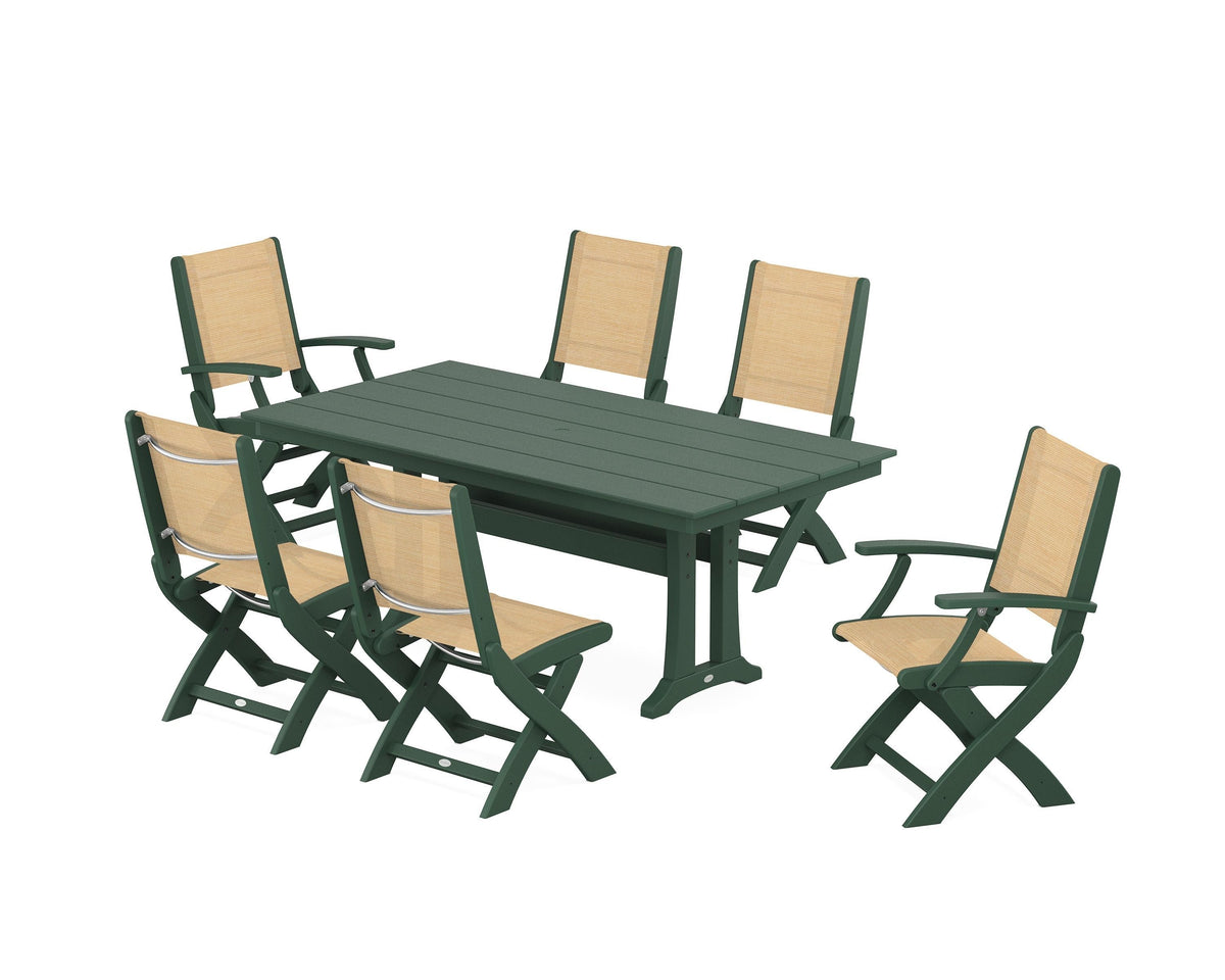 POLYWOOD Coastal Folding Chair 7-Piece Farmhouse Dining Set with Trestle Legs in Green / Dupioni Apricot