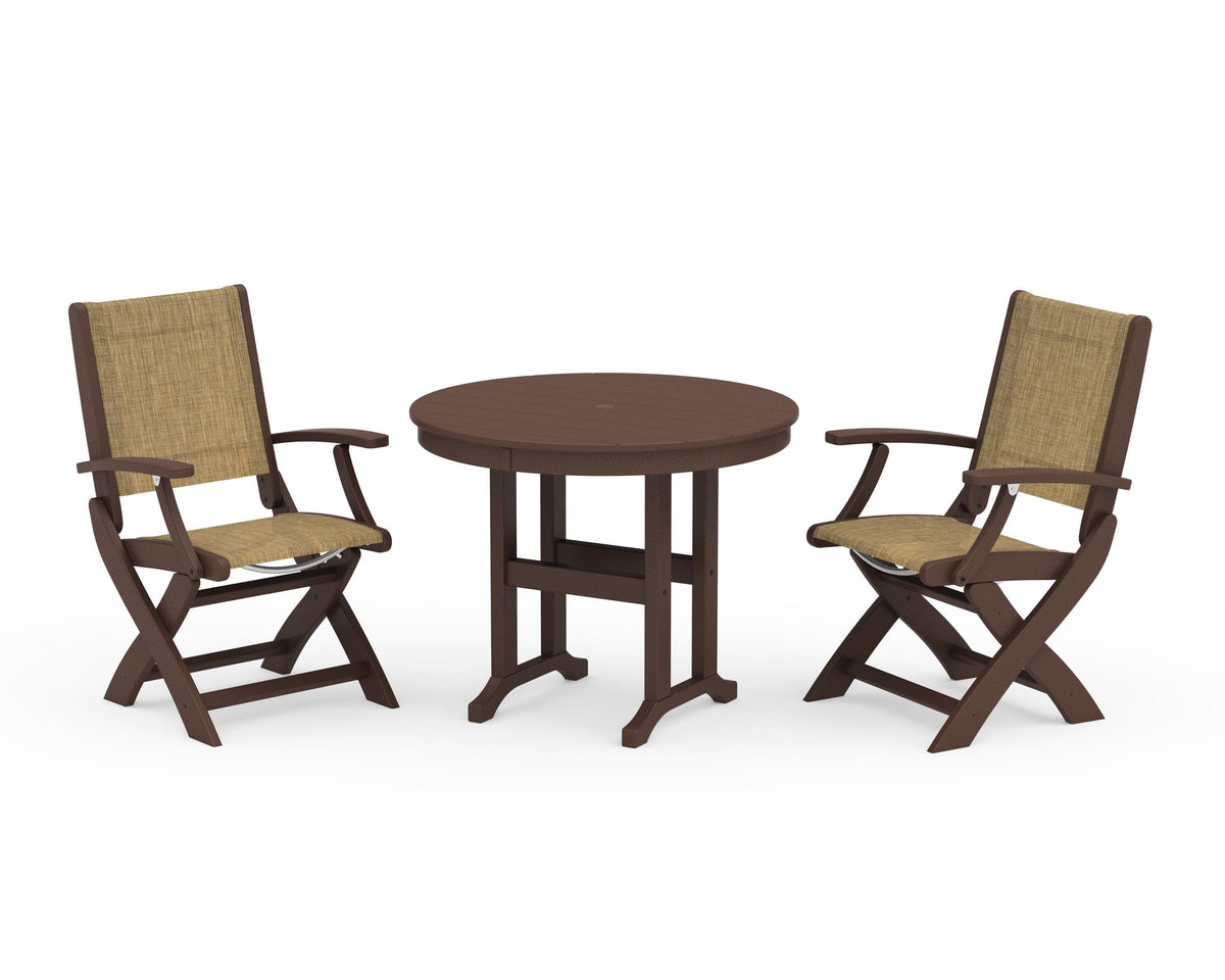 POLYWOOD Coastal Folding Chair 3-Piece Round Dining Set in Mahogany / Burlap