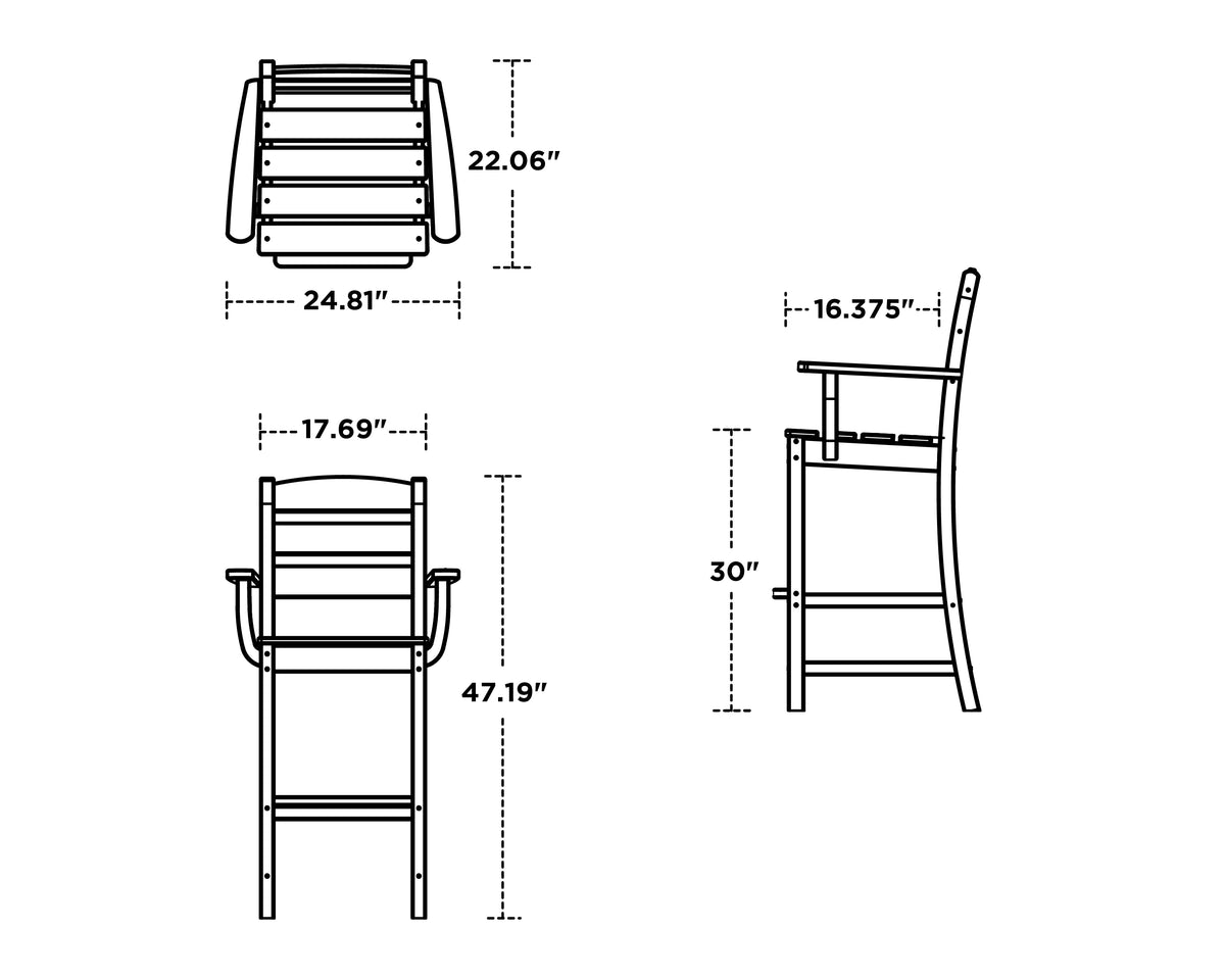 POLYWOOD Lakeside Bar Arm Chair dimension drawing with width, depth and height measurements