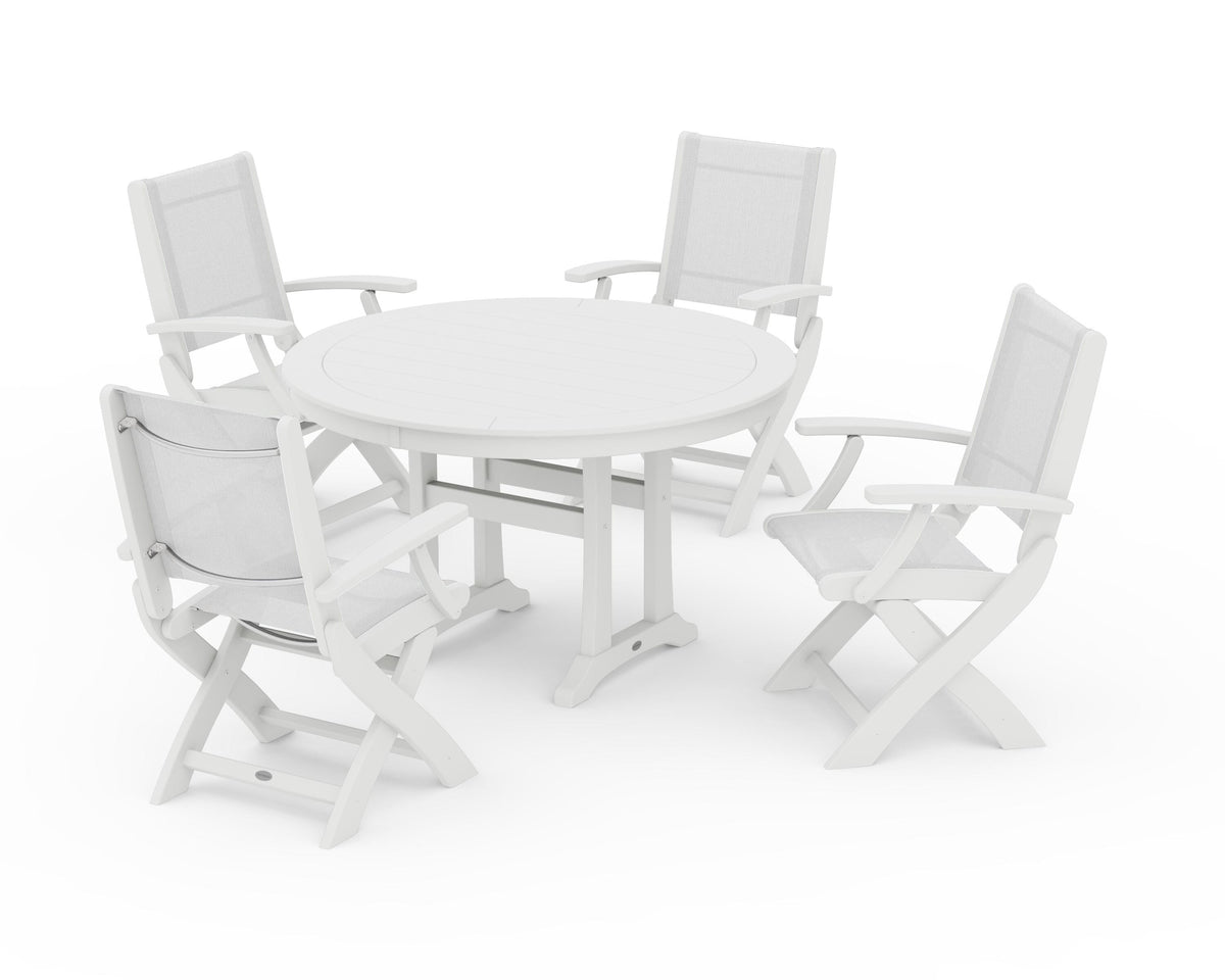 POLYWOOD Coastal Folding Chair 5-Piece Round Dining Set with Trestle Legs in White / White