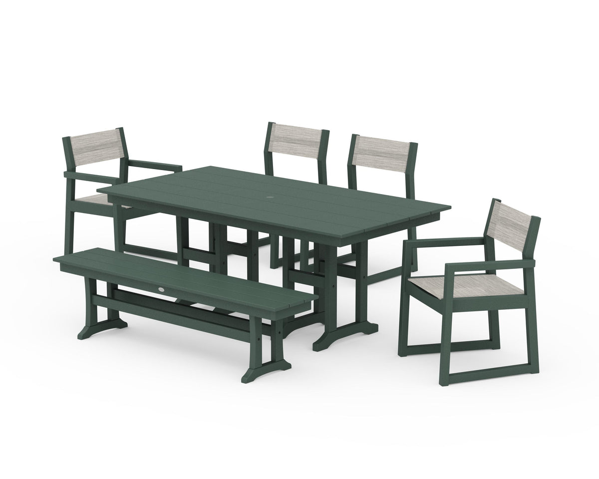 POLYWOOD EDGE Sling 6-Piece Farmhouse Dining Set in Green / Birch