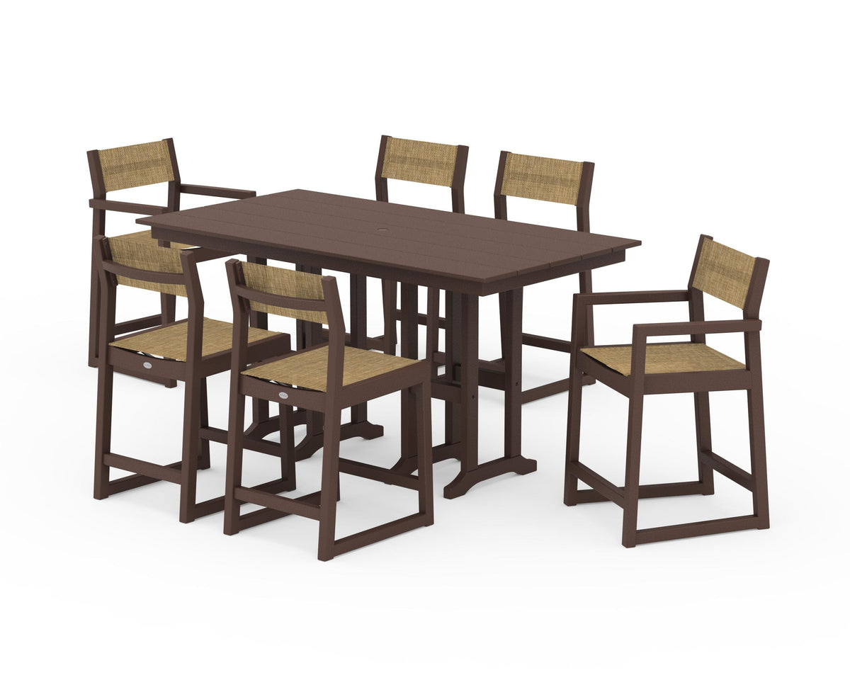 POLYWOOD EDGE Sling 7-Piece Farmhouse Counter Set with Trestle Legs in Mahogany / Burlap