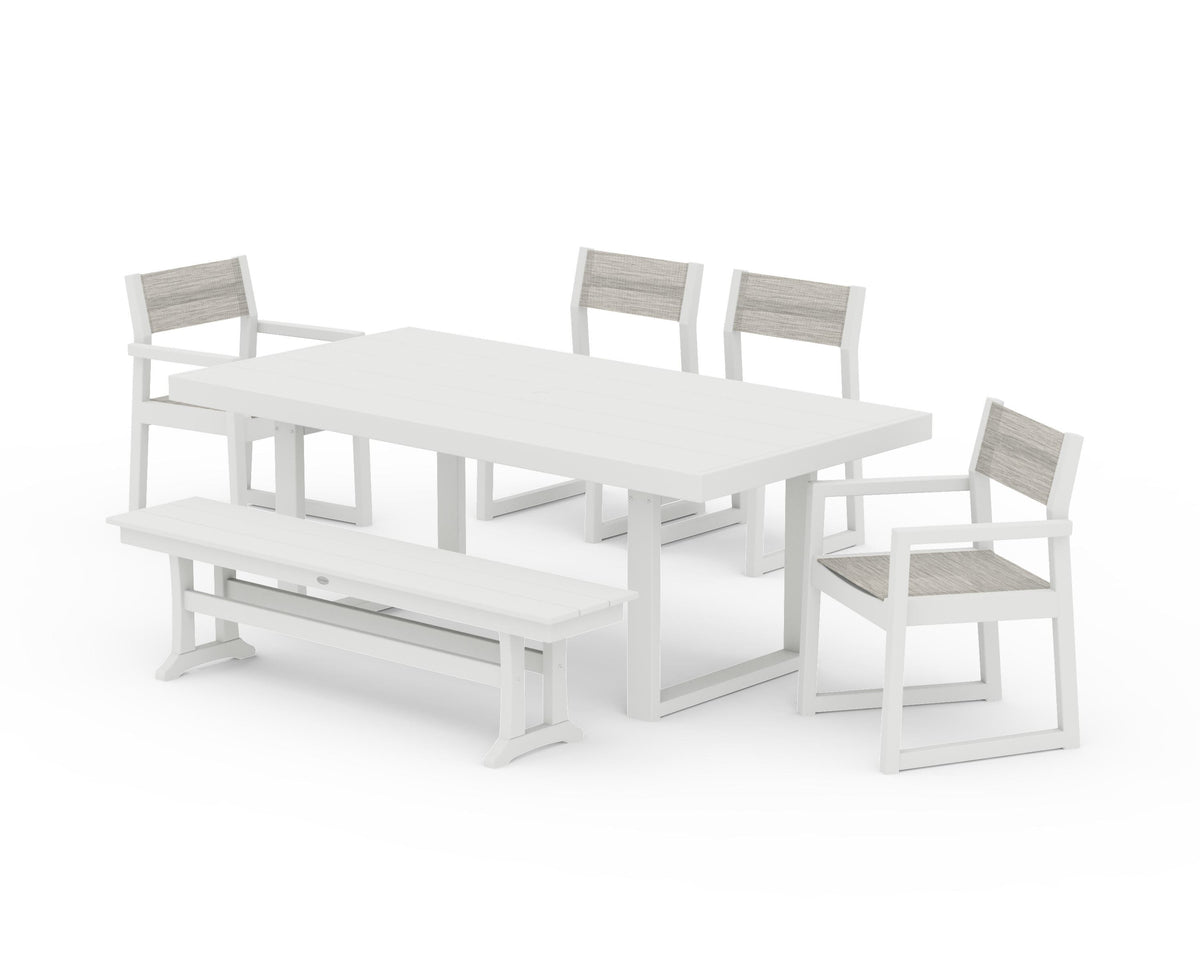 POLYWOOD EDGE Sling 6-Piece Dining Set with Bench in Vintage White / Birch