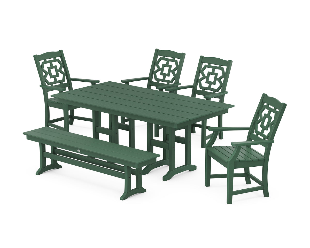 POLYWOOD Chinoiserie 6-Piece Farmhouse Dining Set with Bench in Green