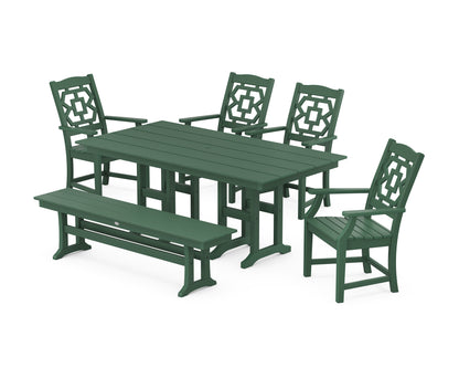 POLYWOOD Chinoiserie 6-Piece Farmhouse Dining Set with Bench in Green