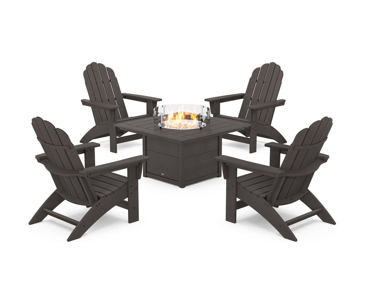 POLYWOOD 5-Piece Vineyard Grand Adirondack Conversation Set with Fire Pit Table in Vintage Coffee