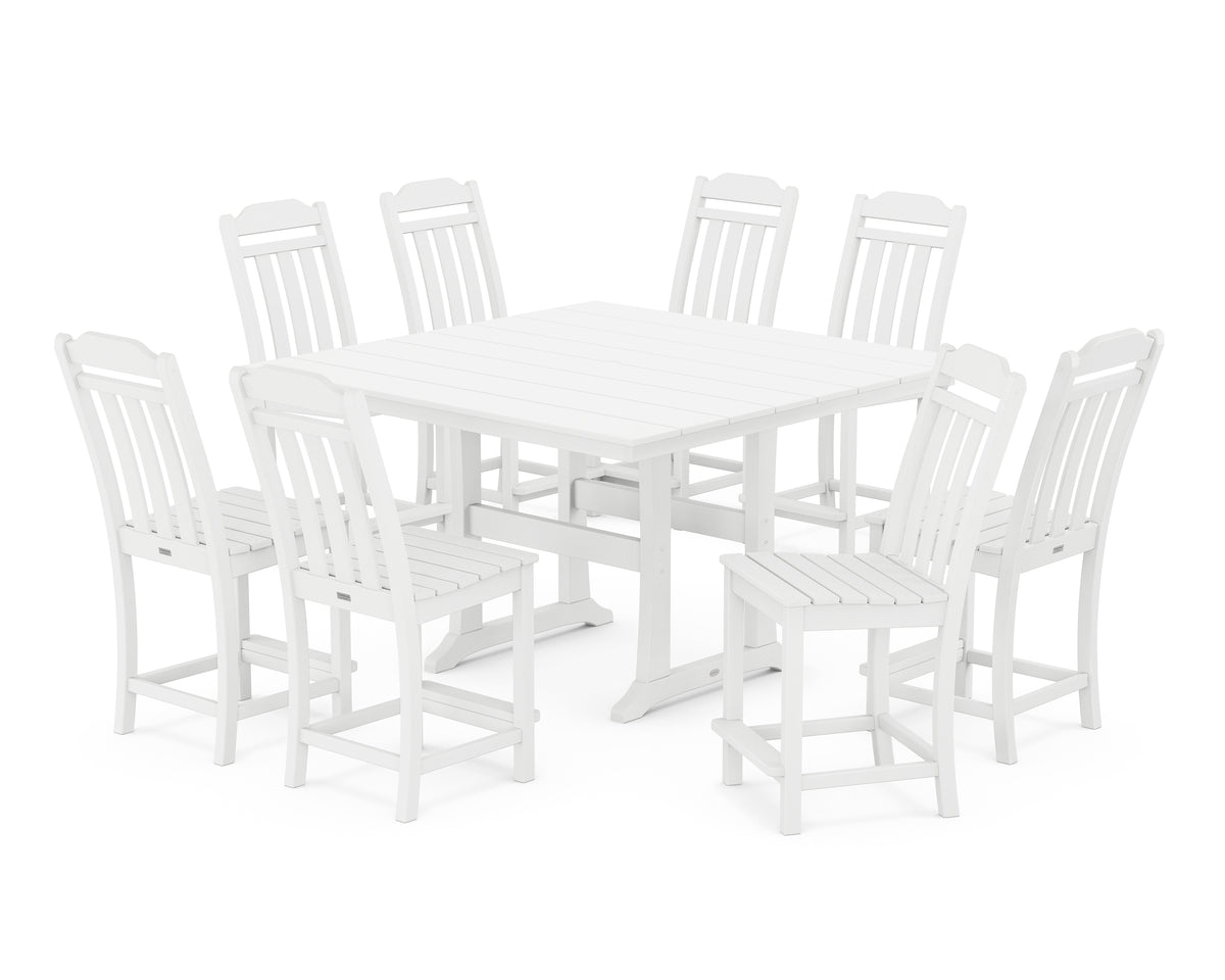 POLYWOOD Country Living Cottage 9-Piece Square Farmhouse Side Chair Counter Set with Trestle Legs in White