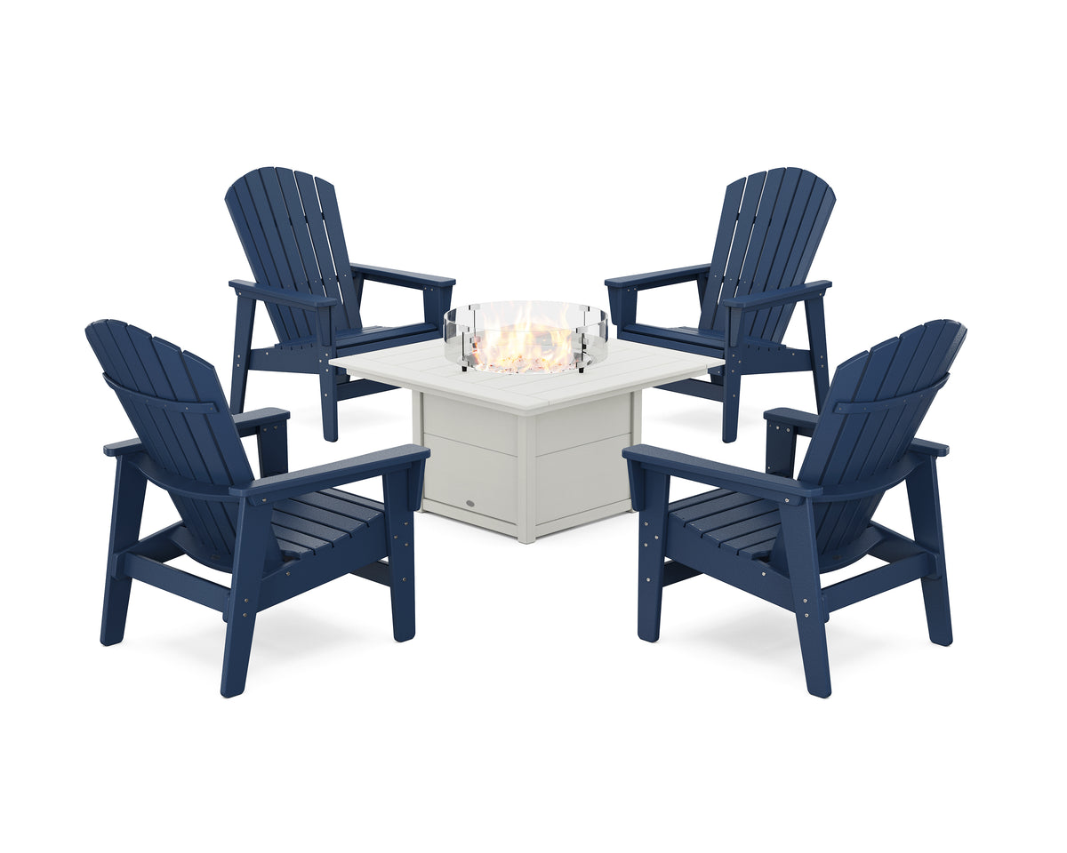 POLYWOOD 5-Piece Nautical Grand Upright Adirondack Conversation Set with Fire Pit Table in Navy / White