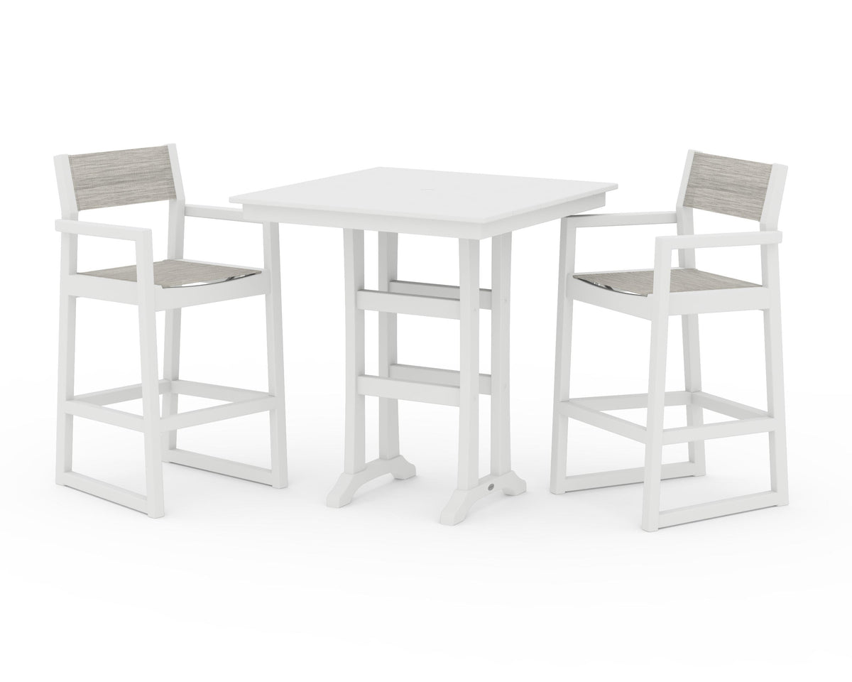 POLYWOOD EDGE Sling Arm Chair 3-Piece Farmhouse Bar Set with Trestle Legs in White / Birch