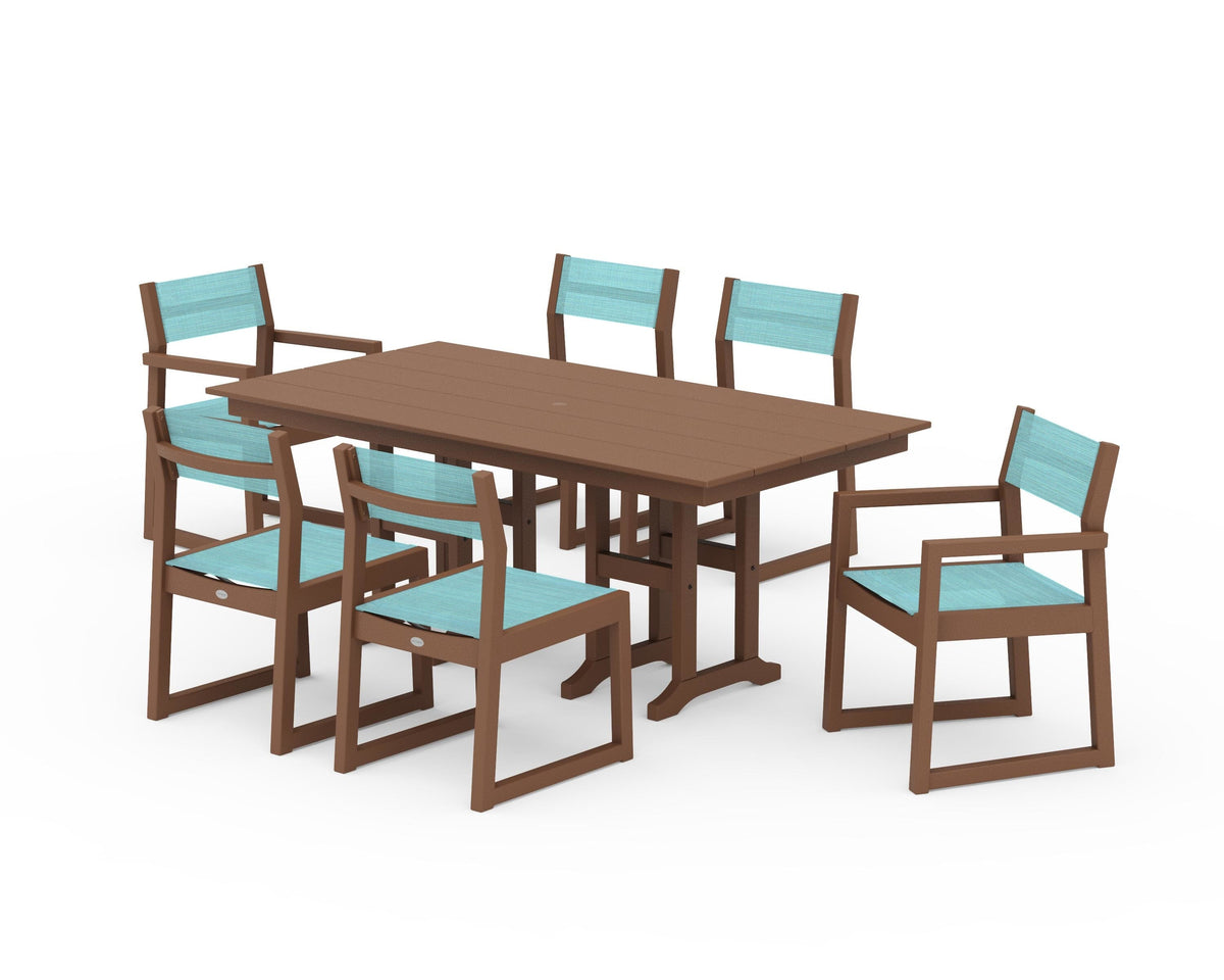 POLYWOOD EDGE Sling 7-Piece Farmhouse Dining Set in Teak / Dupioni Aquamarine