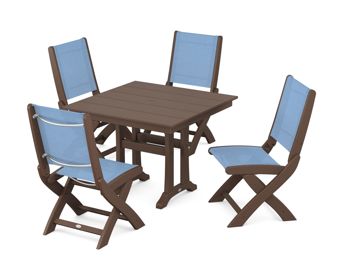 POLYWOOD Coastal Folding Side Chair 5-Piece Farmhouse Dining Set With Trestle Legs in Mahogany / Poolside