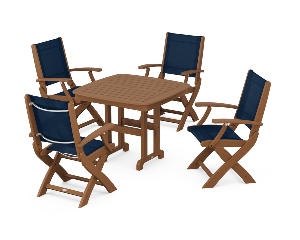 POLYWOOD Coastal Folding Chair 5-Piece Dining Set with Nautical 37" Dining Table in Teak / Navy Blue